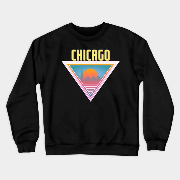 Chicago City Skyline Silhouette Sunrise Retro 80's / 90's Vaporwave Aesthetics - Bright Vintage Design For Sunny Summer Days Crewneck Sweatshirt by KritwanBlue